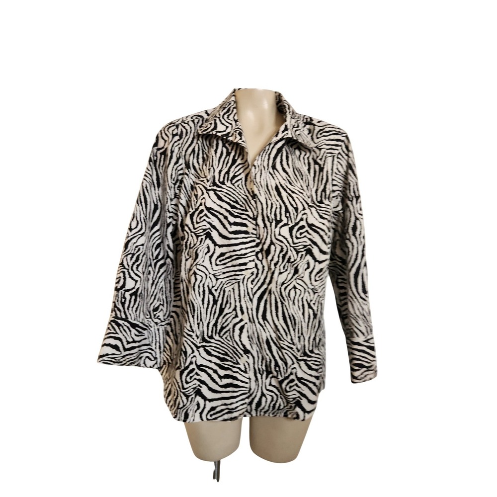 Chicos Zebra Print No-Iron Button Down Shirt Black White Cotton Size 3 L XL